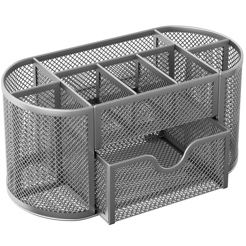 EasyPAG Mesh Pen Holder Desk Organizer with Drawer Stationery Supplies Organizer for Dorm School 9 Compartments Workspace Desk Accessories Organization for Office, Silver - Image 2